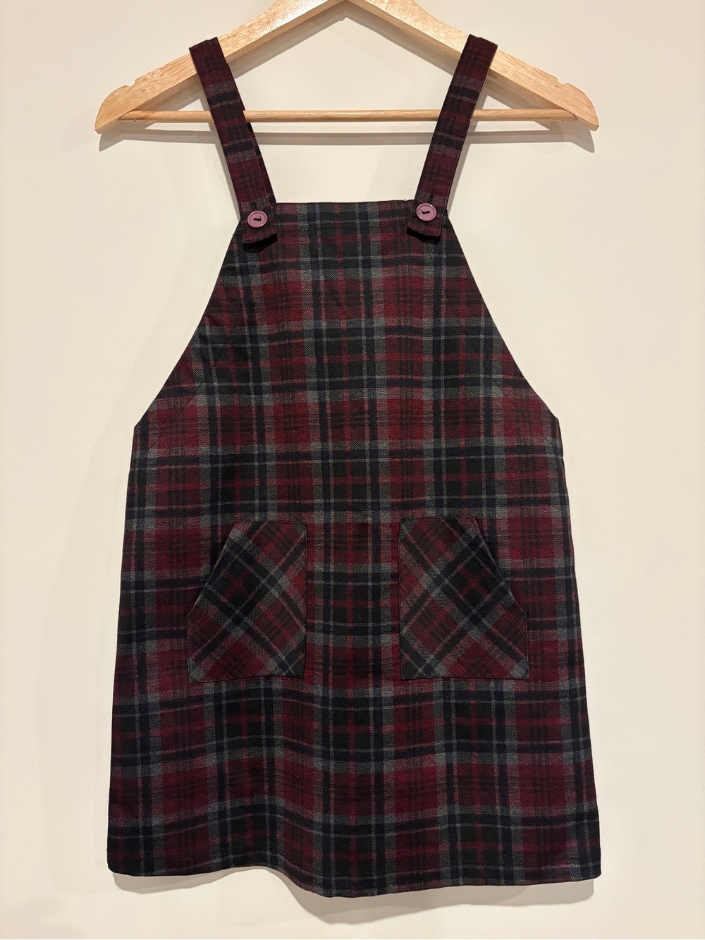 White Fawn Plaid Pinafore Overall Jumper Dress Maroon Green Size Large L